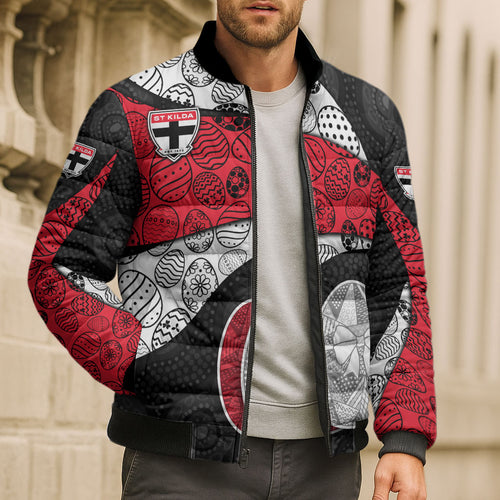 Personalized St Kilda Football Bomber Puffer Jacket Easter Egg Pattern Red Black White Tribal Dot Style