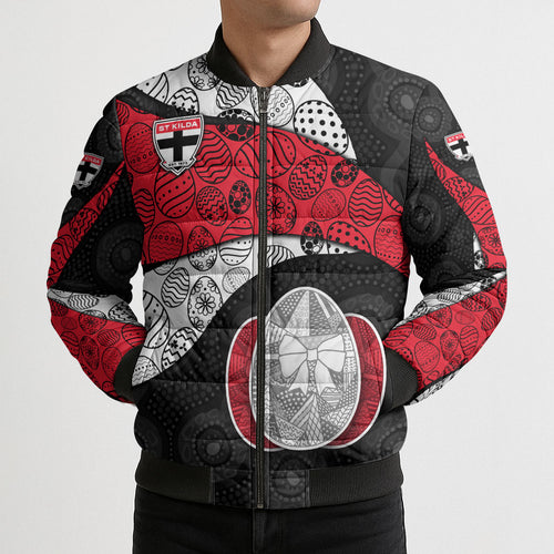 Personalized St Kilda Football Bomber Puffer Jacket Easter Egg Pattern Red Black White Tribal Dot Style