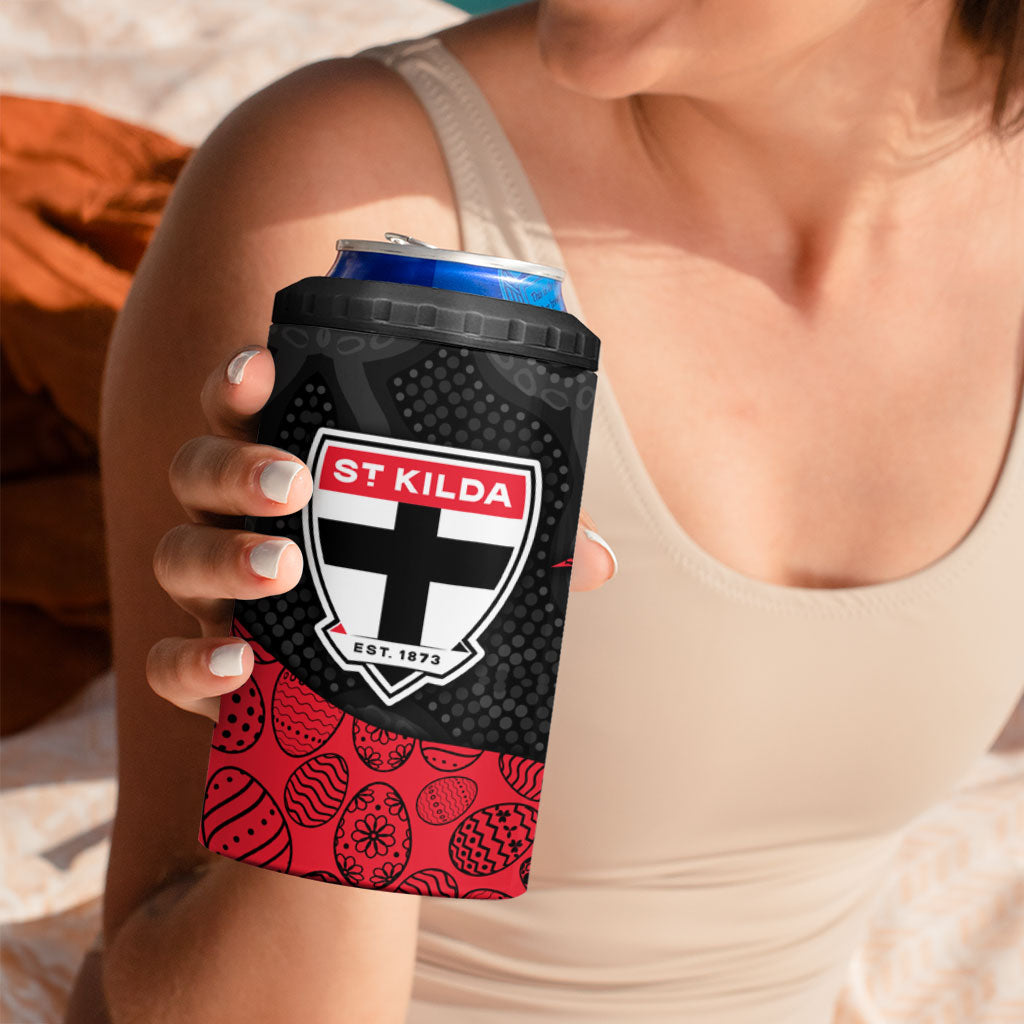 Personalized St Kilda Football 4 in 1 Can Cooler Tumbler Easter Egg Pattern Red Black White Tribal Dot Style