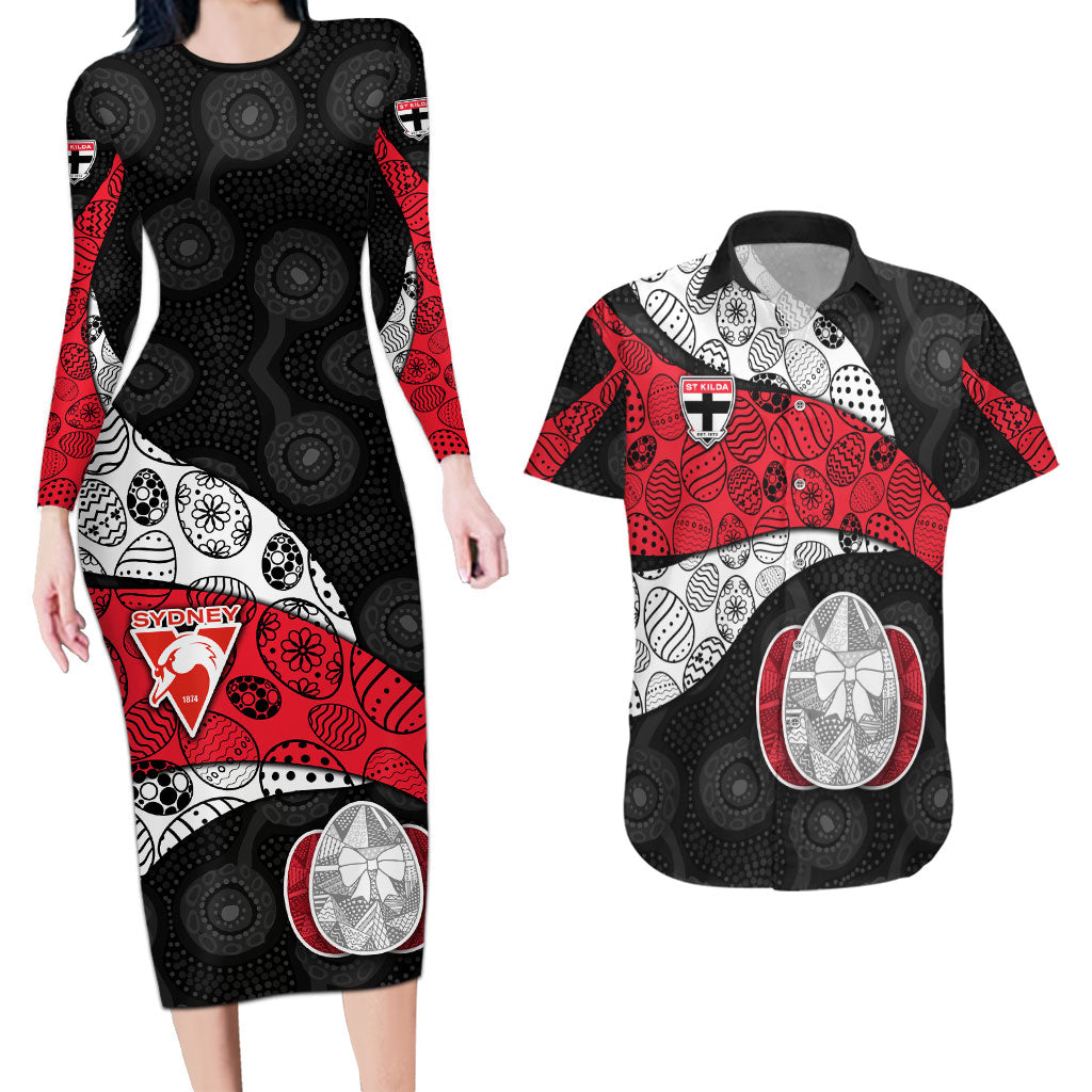 Personalized St Kilda Football Couples Matching Long Sleeve Bodycon Dress and Hawaiian Shirt Easter Egg Pattern Red Black White Tribal Dot Style