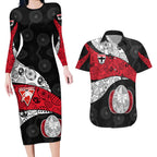 Personalized St Kilda Football Couples Matching Long Sleeve Bodycon Dress and Hawaiian Shirt Easter Egg Pattern Red Black White Tribal Dot Style