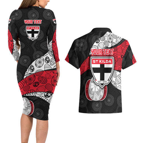 Personalized St Kilda Football Couples Matching Long Sleeve Bodycon Dress and Hawaiian Shirt Easter Egg Pattern Red Black White Tribal Dot Style