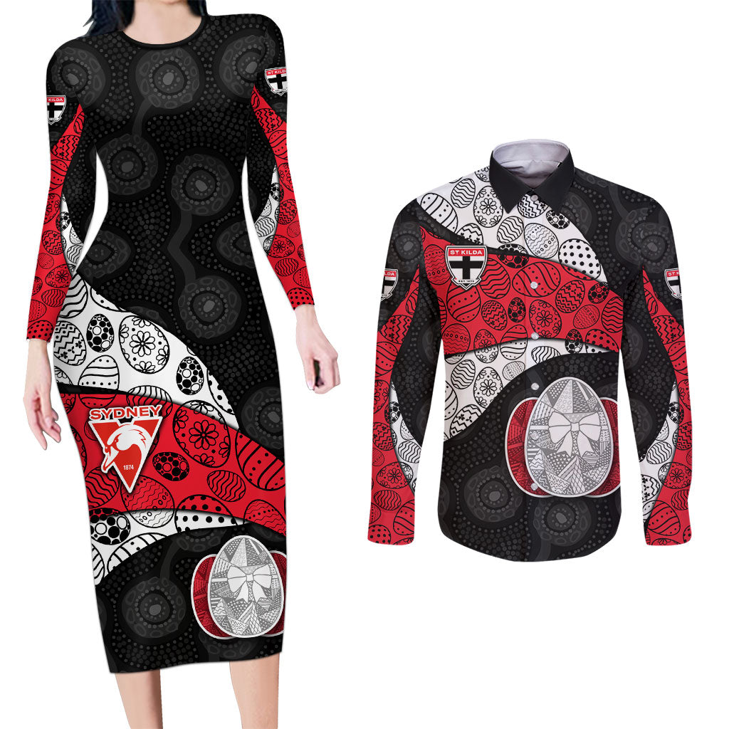 Personalized St Kilda Football Couples Matching Long Sleeve Bodycon Dress and Long Sleeve Button Shirt Easter Egg Pattern Red Black White Tribal Dot Style