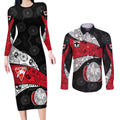 Personalized St Kilda Football Couples Matching Long Sleeve Bodycon Dress and Long Sleeve Button Shirt Easter Egg Pattern Red Black White Tribal Dot Style