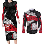 Personalized St Kilda Football Couples Matching Long Sleeve Bodycon Dress and Long Sleeve Button Shirt Easter Egg Pattern Red Black White Tribal Dot Style