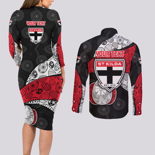 Personalized St Kilda Football Couples Matching Long Sleeve Bodycon Dress and Long Sleeve Button Shirt Easter Egg Pattern Red Black White Tribal Dot Style