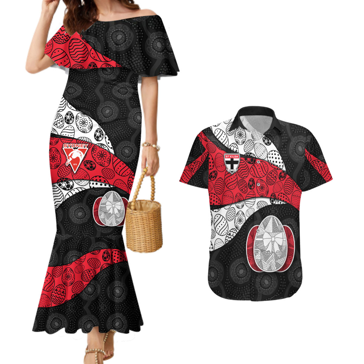 Personalized St Kilda Football Couples Matching Mermaid Dress and Hawaiian Shirt Easter Egg Pattern Red Black White Tribal Dot Style