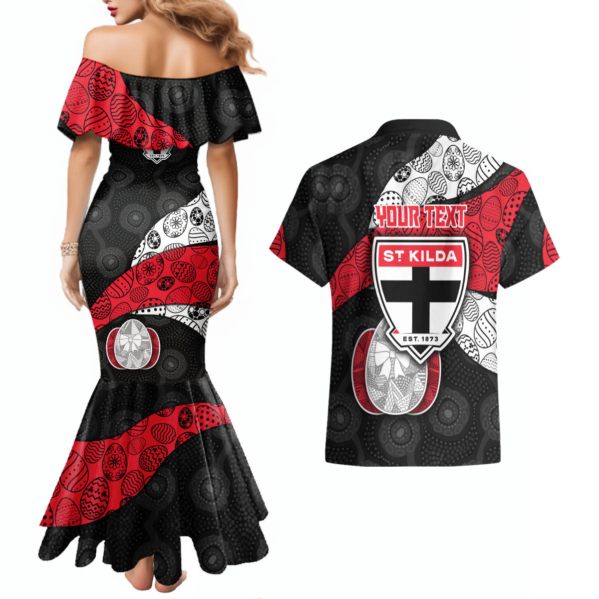 Personalized St Kilda Football Couples Matching Mermaid Dress and Hawaiian Shirt Easter Egg Pattern Red Black White Tribal Dot Style