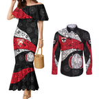 Personalized St Kilda Football Couples Matching Mermaid Dress and Long Sleeve Button Shirt Easter Egg Pattern Red Black White Tribal Dot Style