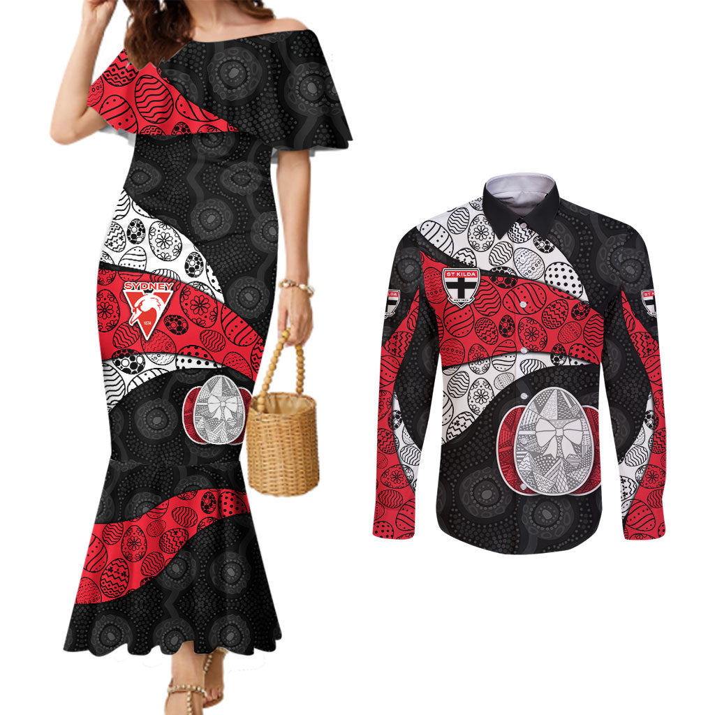 Personalized St Kilda Football Couples Matching Mermaid Dress and Long Sleeve Button Shirt Easter Egg Pattern Red Black White Tribal Dot Style