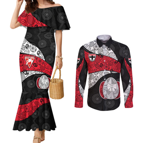 Personalized St Kilda Football Couples Matching Mermaid Dress and Long Sleeve Button Shirt Easter Egg Pattern Red Black White Tribal Dot Style