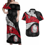 Personalized St Kilda Football Couples Matching Off Shoulder Maxi Dress and Hawaiian Shirt Easter Egg Pattern Red Black White Tribal Dot Style