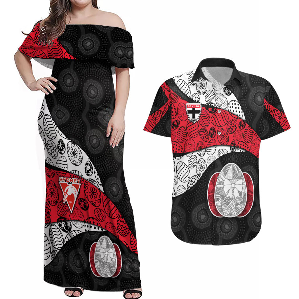 Personalized St Kilda Football Couples Matching Off Shoulder Maxi Dress and Hawaiian Shirt Easter Egg Pattern Red Black White Tribal Dot Style
