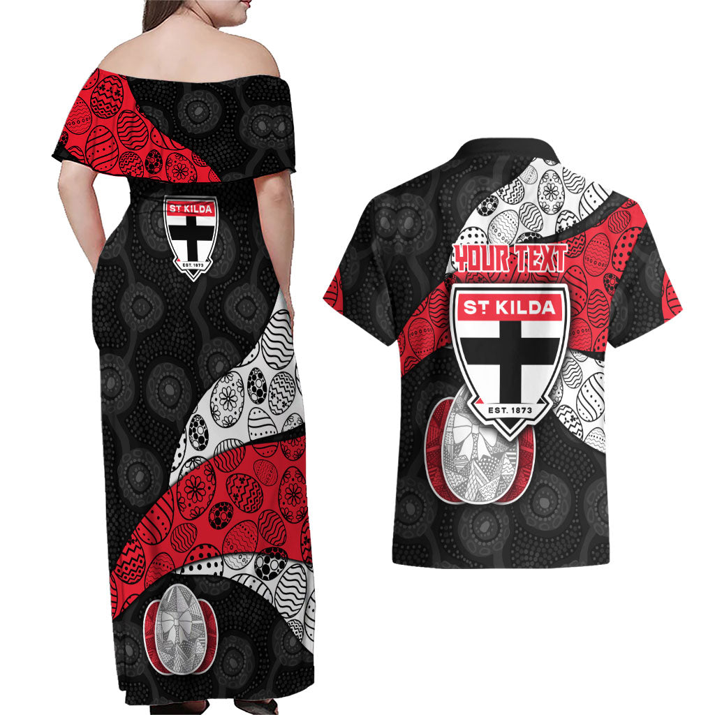 Personalized St Kilda Football Couples Matching Off Shoulder Maxi Dress and Hawaiian Shirt Easter Egg Pattern Red Black White Tribal Dot Style
