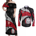 Personalized St Kilda Football Couples Matching Off Shoulder Maxi Dress and Long Sleeve Button Shirt Easter Egg Pattern Red Black White Tribal Dot Style