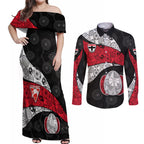 Personalized St Kilda Football Couples Matching Off Shoulder Maxi Dress and Long Sleeve Button Shirt Easter Egg Pattern Red Black White Tribal Dot Style