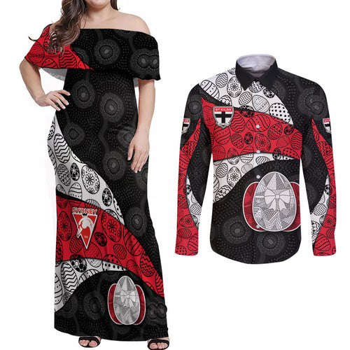 Personalized St Kilda Football Couples Matching Off Shoulder Maxi Dress and Long Sleeve Button Shirt Easter Egg Pattern Red Black White Tribal Dot Style