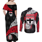 Personalized St Kilda Football Couples Matching Off Shoulder Maxi Dress and Long Sleeve Button Shirt Easter Egg Pattern Red Black White Tribal Dot Style