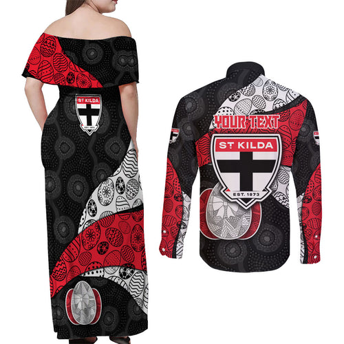 Personalized St Kilda Football Couples Matching Off Shoulder Maxi Dress and Long Sleeve Button Shirt Easter Egg Pattern Red Black White Tribal Dot Style