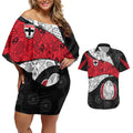 Personalized St Kilda Football Couples Matching Off Shoulder Short Dress and Hawaiian Shirt Easter Egg Pattern Red Black White Tribal Dot Style