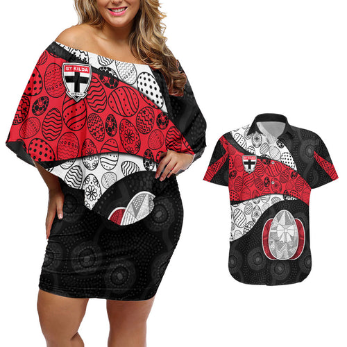 Personalized St Kilda Football Couples Matching Off Shoulder Short Dress and Hawaiian Shirt Easter Egg Pattern Red Black White Tribal Dot Style