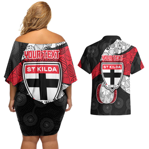 Personalized St Kilda Football Couples Matching Off Shoulder Short Dress and Hawaiian Shirt Easter Egg Pattern Red Black White Tribal Dot Style