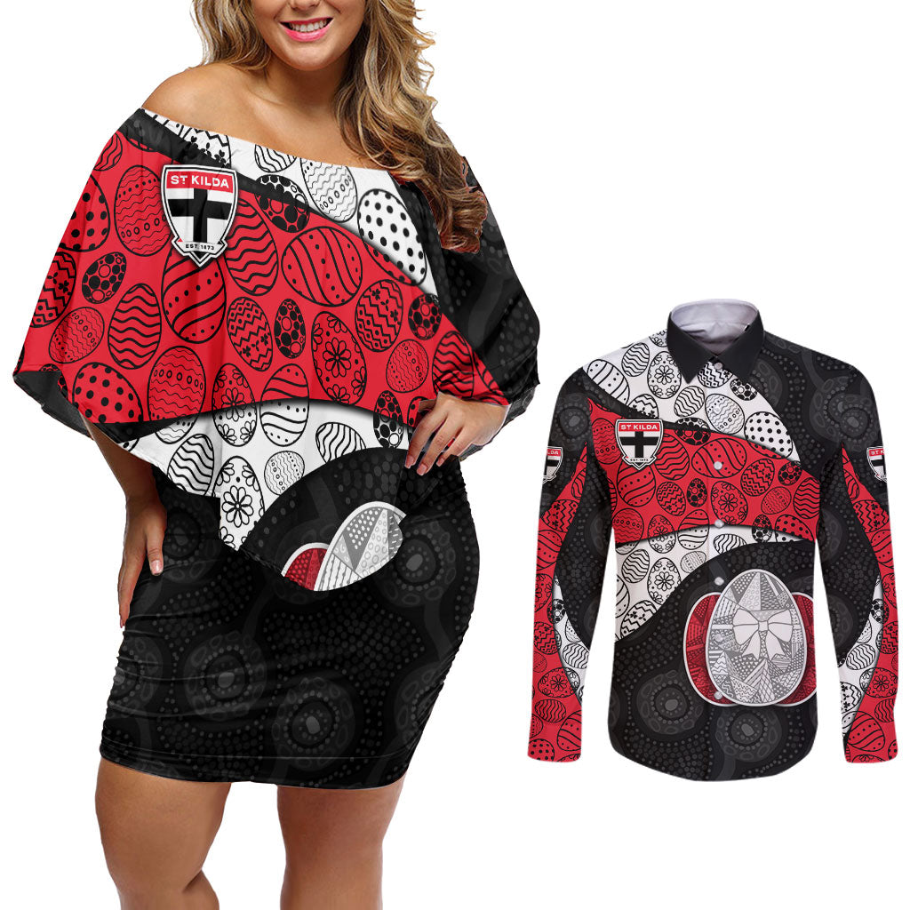 Personalized St Kilda Football Couples Matching Off Shoulder Short Dress and Long Sleeve Button Shirt Easter Egg Pattern Red Black White Tribal Dot Style
