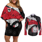 Personalized St Kilda Football Couples Matching Off Shoulder Short Dress and Long Sleeve Button Shirt Easter Egg Pattern Red Black White Tribal Dot Style