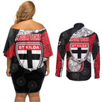 Personalized St Kilda Football Couples Matching Off Shoulder Short Dress and Long Sleeve Button Shirt Easter Egg Pattern Red Black White Tribal Dot Style