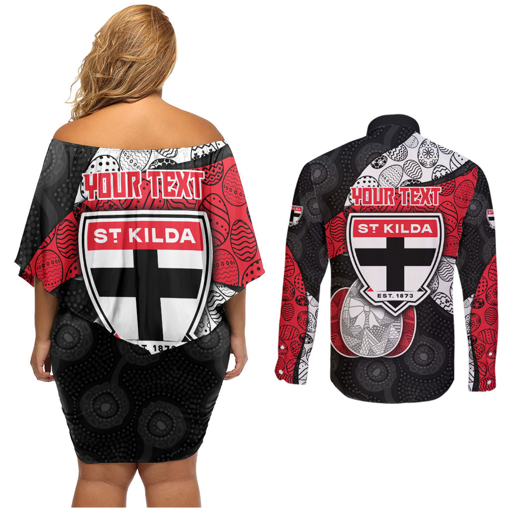 Personalized St Kilda Football Couples Matching Off Shoulder Short Dress and Long Sleeve Button Shirt Easter Egg Pattern Red Black White Tribal Dot Style