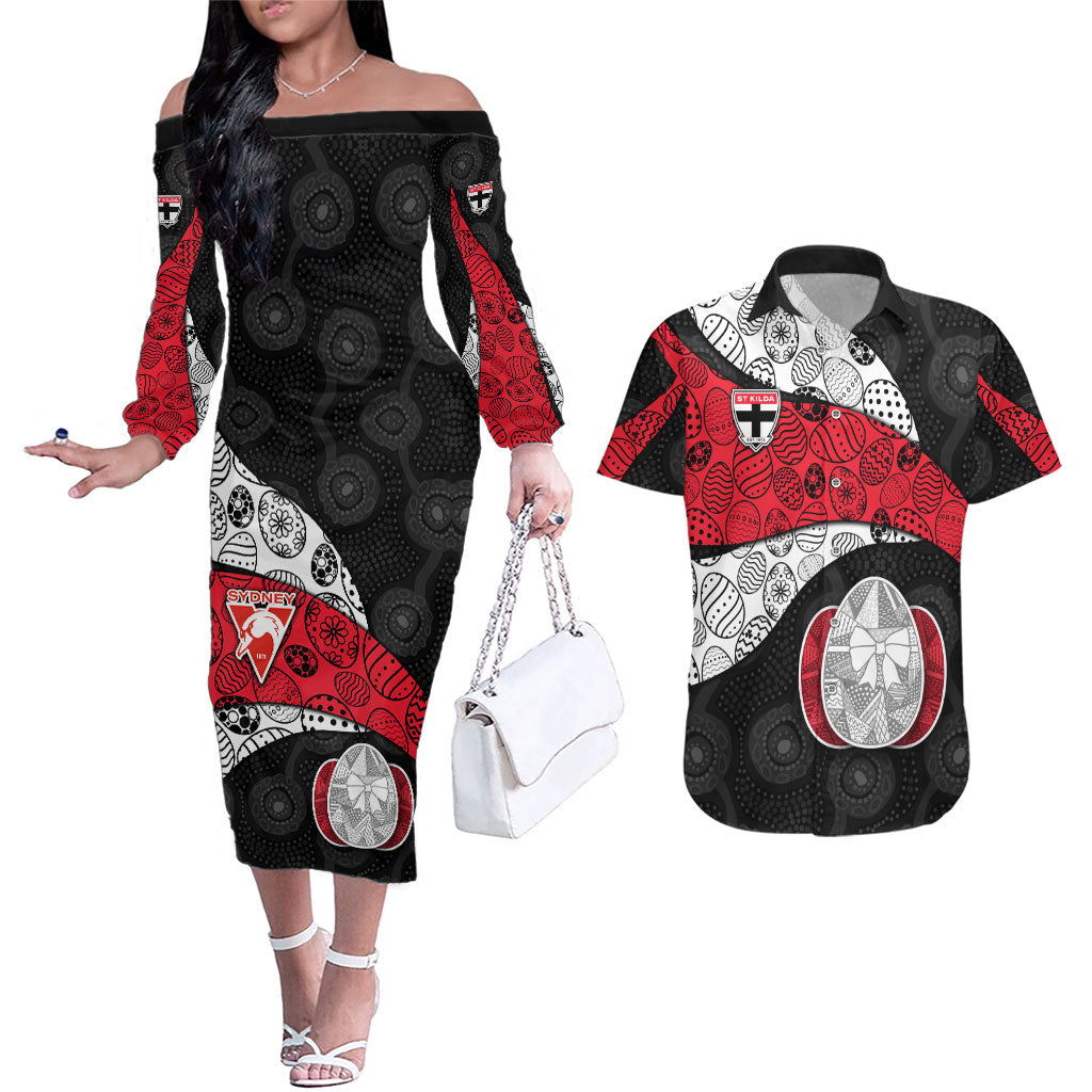 Personalized St Kilda Football Couples Matching Off The Shoulder Long Sleeve Dress and Hawaiian Shirt Easter Egg Pattern Red Black White Tribal Dot Style