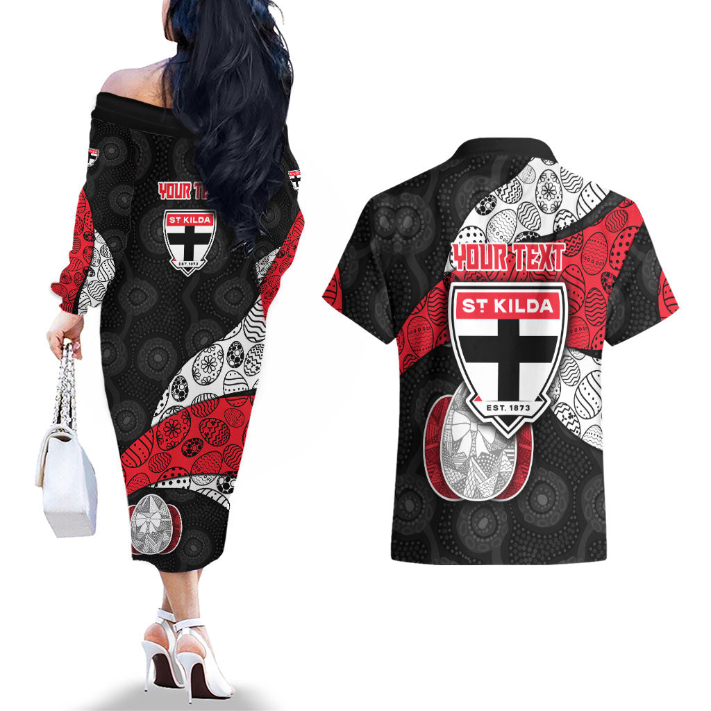 Personalized St Kilda Football Couples Matching Off The Shoulder Long Sleeve Dress and Hawaiian Shirt Easter Egg Pattern Red Black White Tribal Dot Style