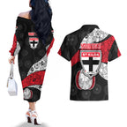 Personalized St Kilda Football Couples Matching Off The Shoulder Long Sleeve Dress and Hawaiian Shirt Easter Egg Pattern Red Black White Tribal Dot Style