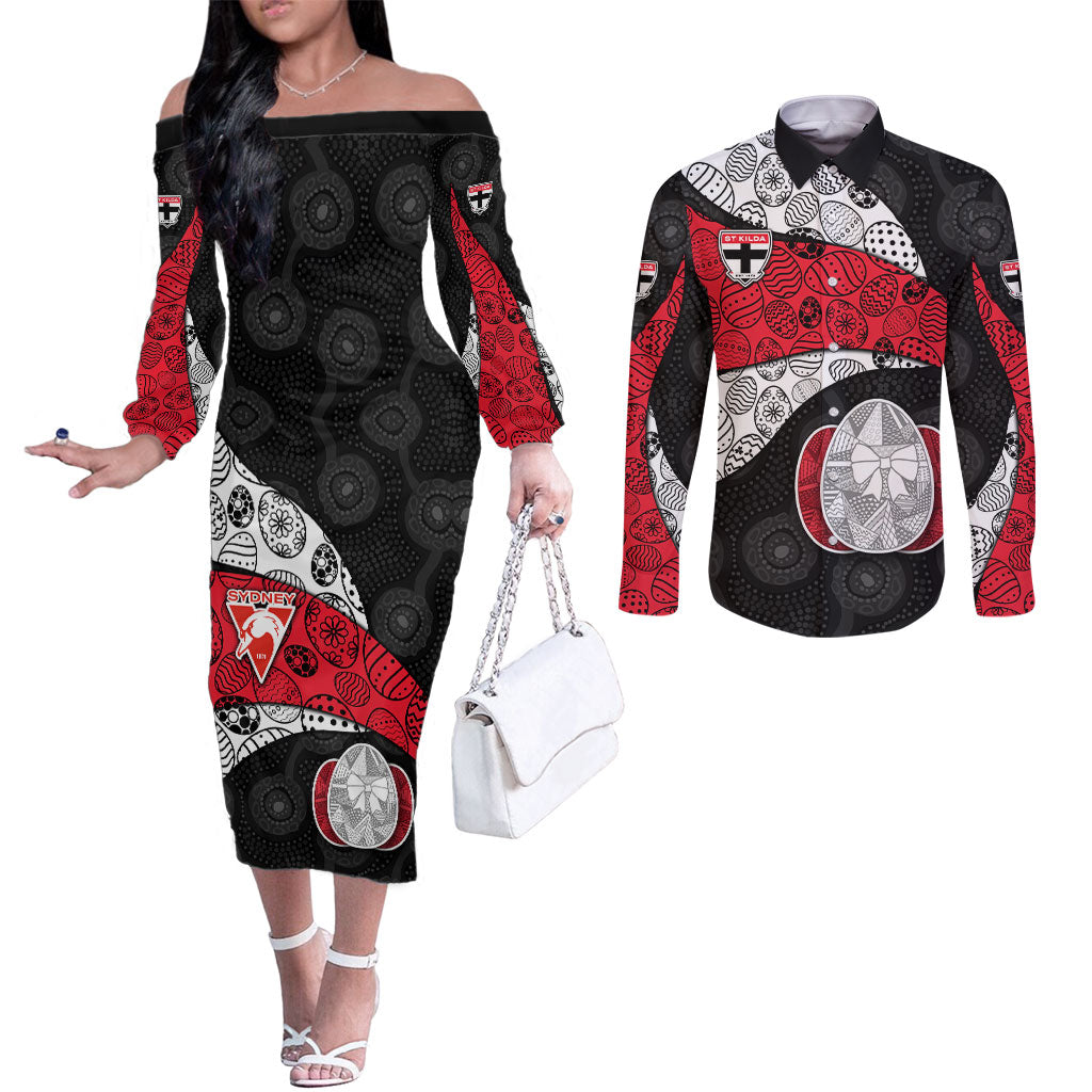 Personalized St Kilda Football Couples Matching Off The Shoulder Long Sleeve Dress and Long Sleeve Button Shirt Easter Egg Pattern Red Black White Tribal Dot Style