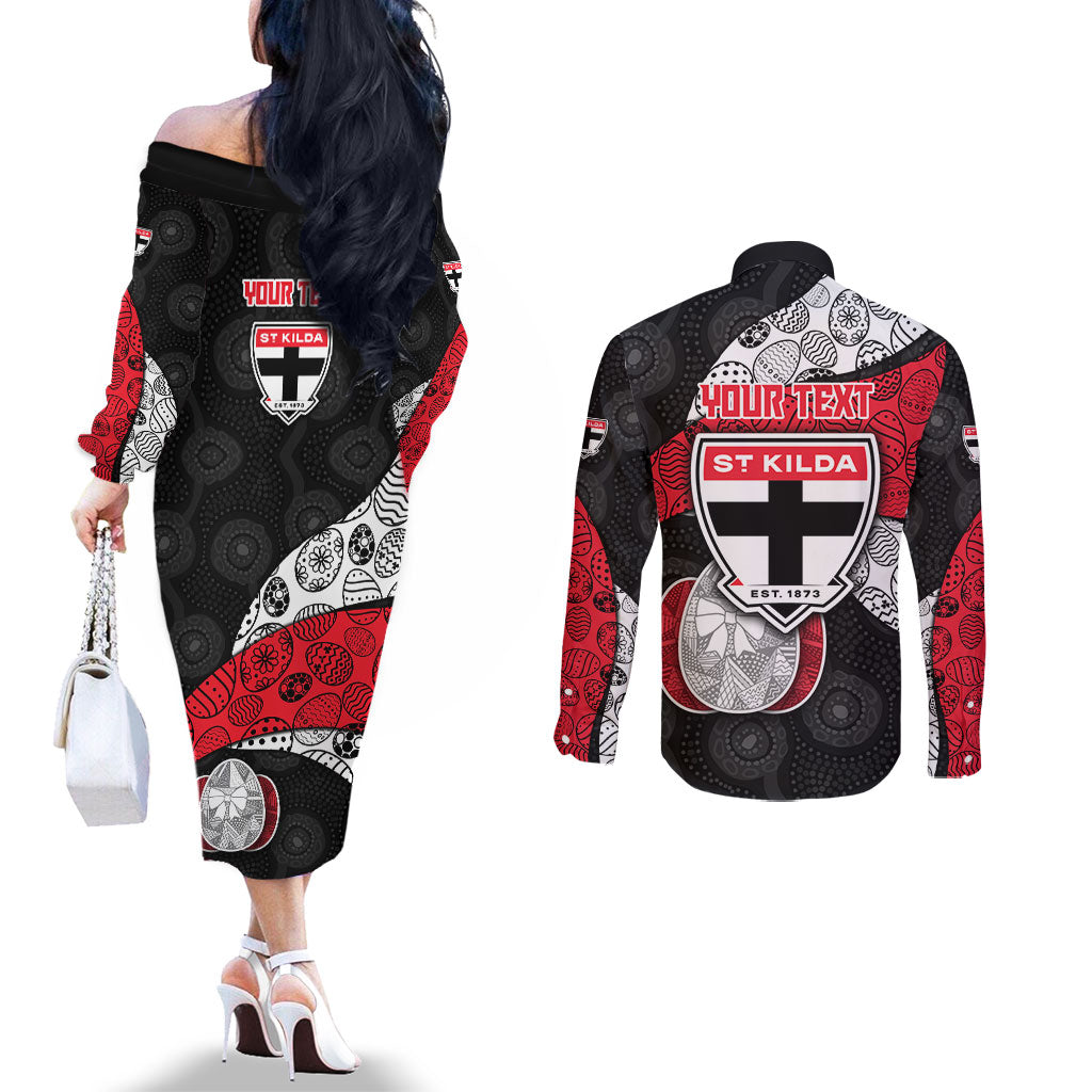 Personalized St Kilda Football Couples Matching Off The Shoulder Long Sleeve Dress and Long Sleeve Button Shirt Easter Egg Pattern Red Black White Tribal Dot Style