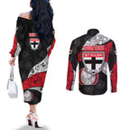 Personalized St Kilda Football Couples Matching Off The Shoulder Long Sleeve Dress and Long Sleeve Button Shirt Easter Egg Pattern Red Black White Tribal Dot Style