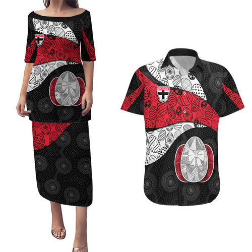 Personalized St Kilda Football Couples Matching Puletasi and Hawaiian Shirt Easter Egg Pattern Red Black White Tribal Dot Style