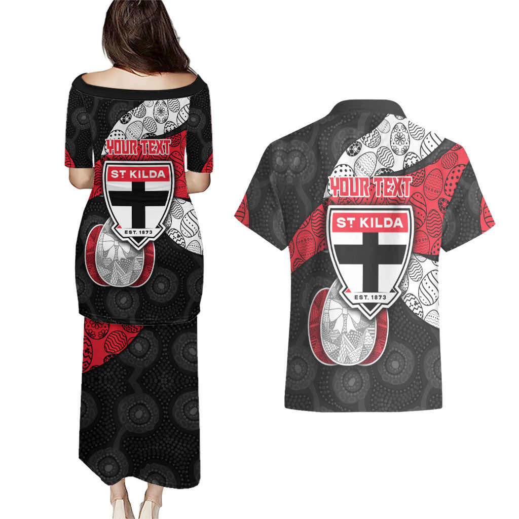 Personalized St Kilda Football Couples Matching Puletasi and Hawaiian Shirt Easter Egg Pattern Red Black White Tribal Dot Style
