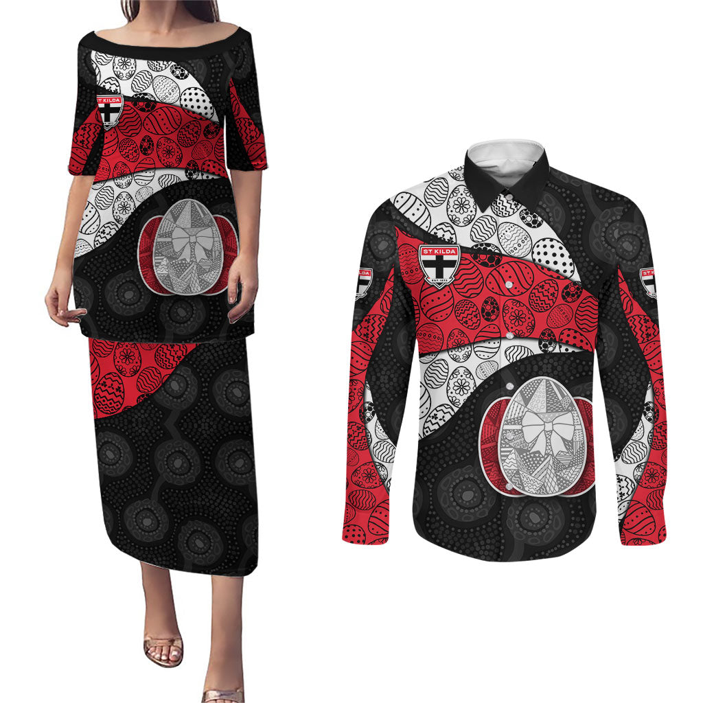 Personalized St Kilda Football Couples Matching Puletasi and Long Sleeve Button Shirt Easter Egg Pattern Red Black White Tribal Dot Style