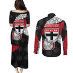 Personalized St Kilda Football Couples Matching Puletasi and Long Sleeve Button Shirt Easter Egg Pattern Red Black White Tribal Dot Style