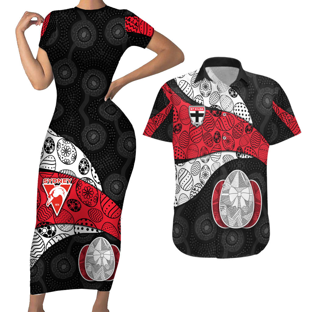 Personalized St Kilda Football Couples Matching Short Sleeve Bodycon Dress and Hawaiian Shirt Easter Egg Pattern Red Black White Tribal Dot Style
