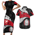 Personalized St Kilda Football Couples Matching Short Sleeve Bodycon Dress and Hawaiian Shirt Easter Egg Pattern Red Black White Tribal Dot Style