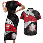 Personalized St Kilda Football Couples Matching Short Sleeve Bodycon Dress and Hawaiian Shirt Easter Egg Pattern Red Black White Tribal Dot Style
