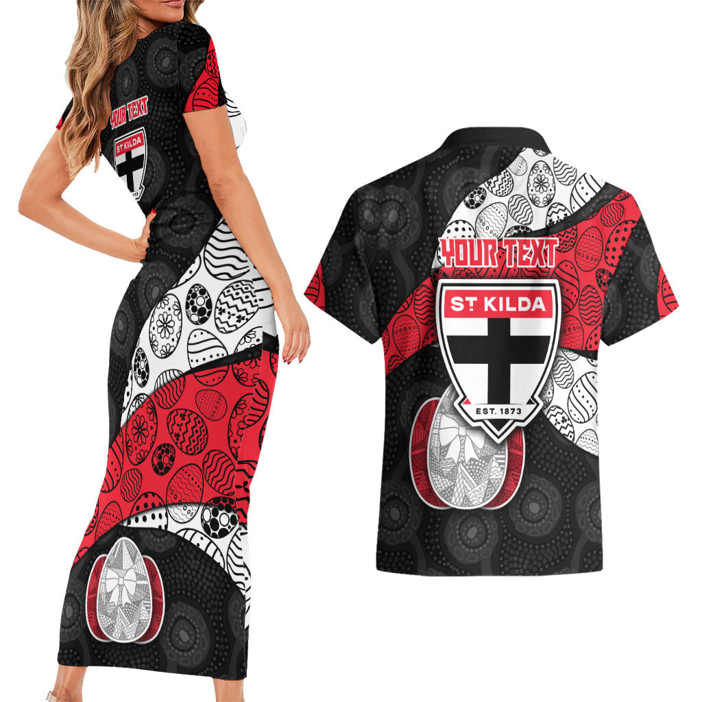 Personalized St Kilda Football Couples Matching Short Sleeve Bodycon Dress and Hawaiian Shirt Easter Egg Pattern Red Black White Tribal Dot Style