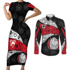 Personalized St Kilda Football Couples Matching Short Sleeve Bodycon Dress and Long Sleeve Button Shirt Easter Egg Pattern Red Black White Tribal Dot Style