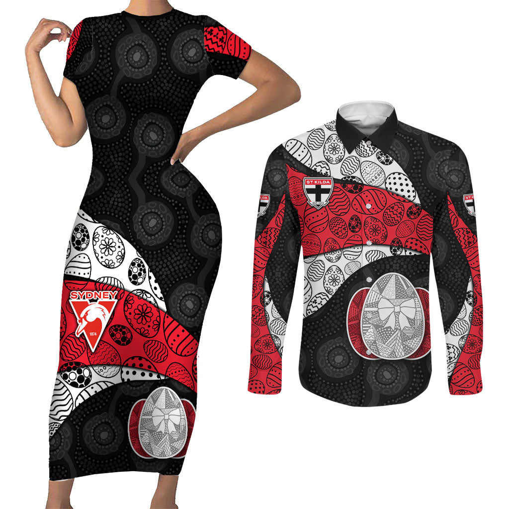 Personalized St Kilda Football Couples Matching Short Sleeve Bodycon Dress and Long Sleeve Button Shirt Easter Egg Pattern Red Black White Tribal Dot Style