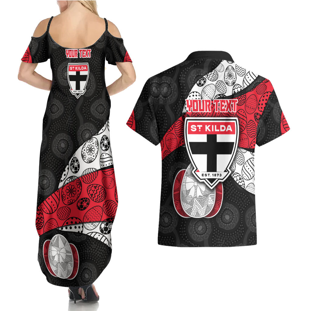 Personalized St Kilda Football Couples Matching Summer Maxi Dress and Hawaiian Shirt Easter Egg Pattern Red Black White Tribal Dot Style