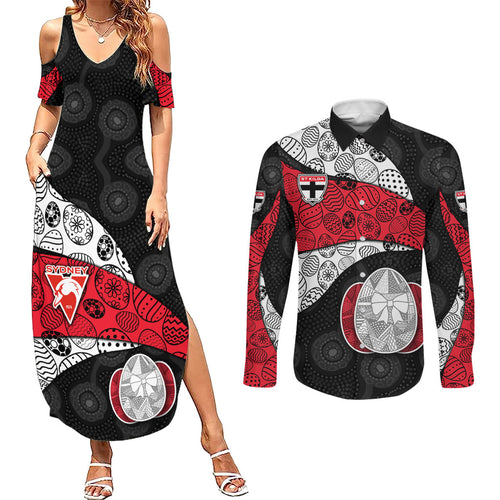 Personalized St Kilda Football Couples Matching Summer Maxi Dress and Long Sleeve Button Shirt Easter Egg Pattern Red Black White Tribal Dot Style