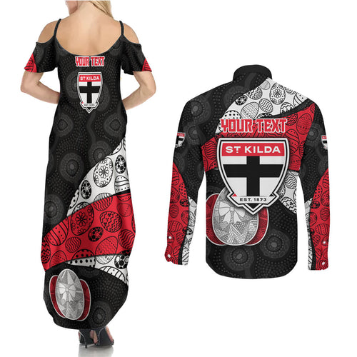 Personalized St Kilda Football Couples Matching Summer Maxi Dress and Long Sleeve Button Shirt Easter Egg Pattern Red Black White Tribal Dot Style
