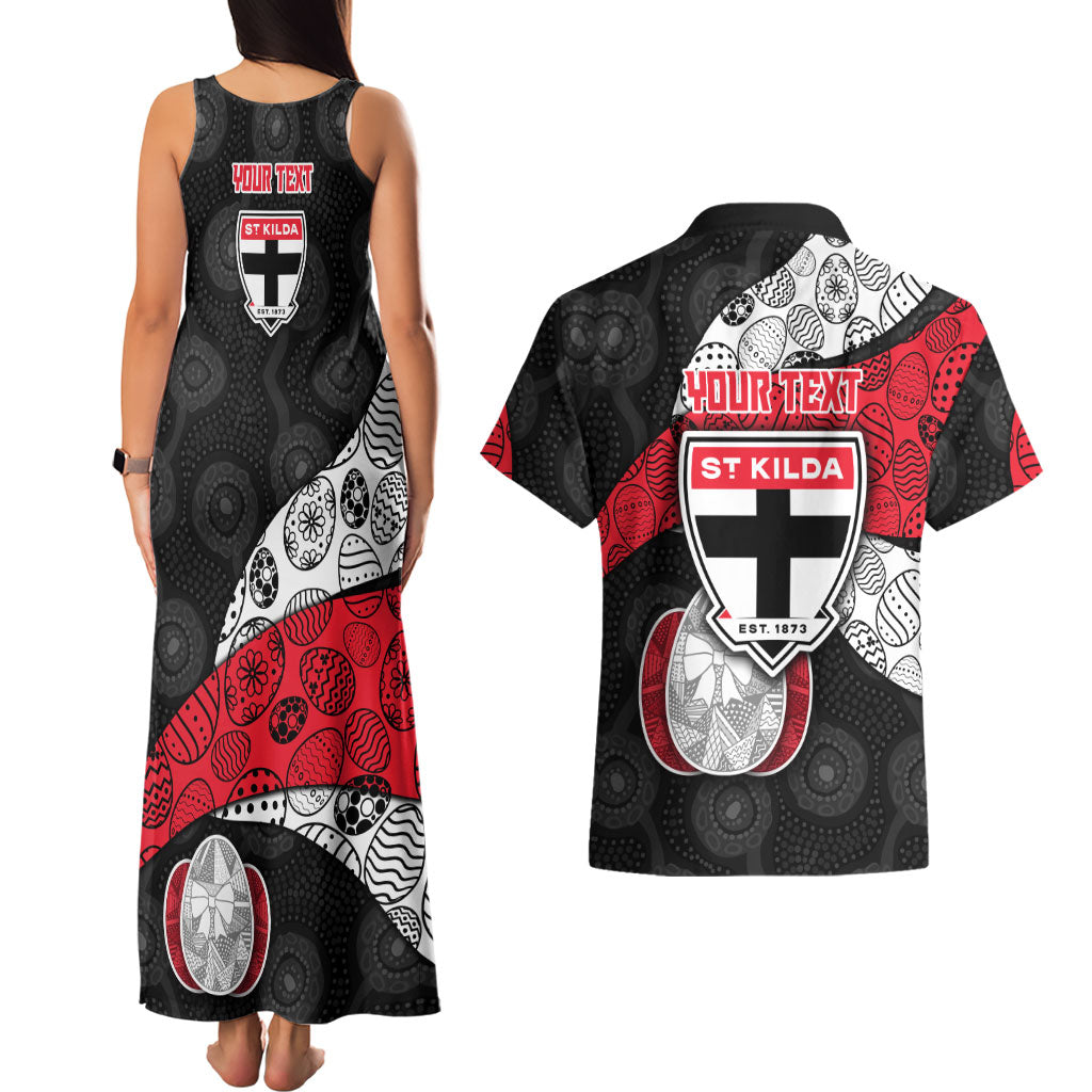 Personalized St Kilda Football Couples Matching Tank Maxi Dress and Hawaiian Shirt Easter Egg Pattern Red Black White Tribal Dot Style